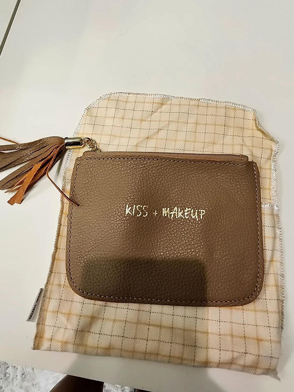 Graphic Image Taupe 'Kiss + Makeup' Zippered Cosmetic Pouch with Gold Foil